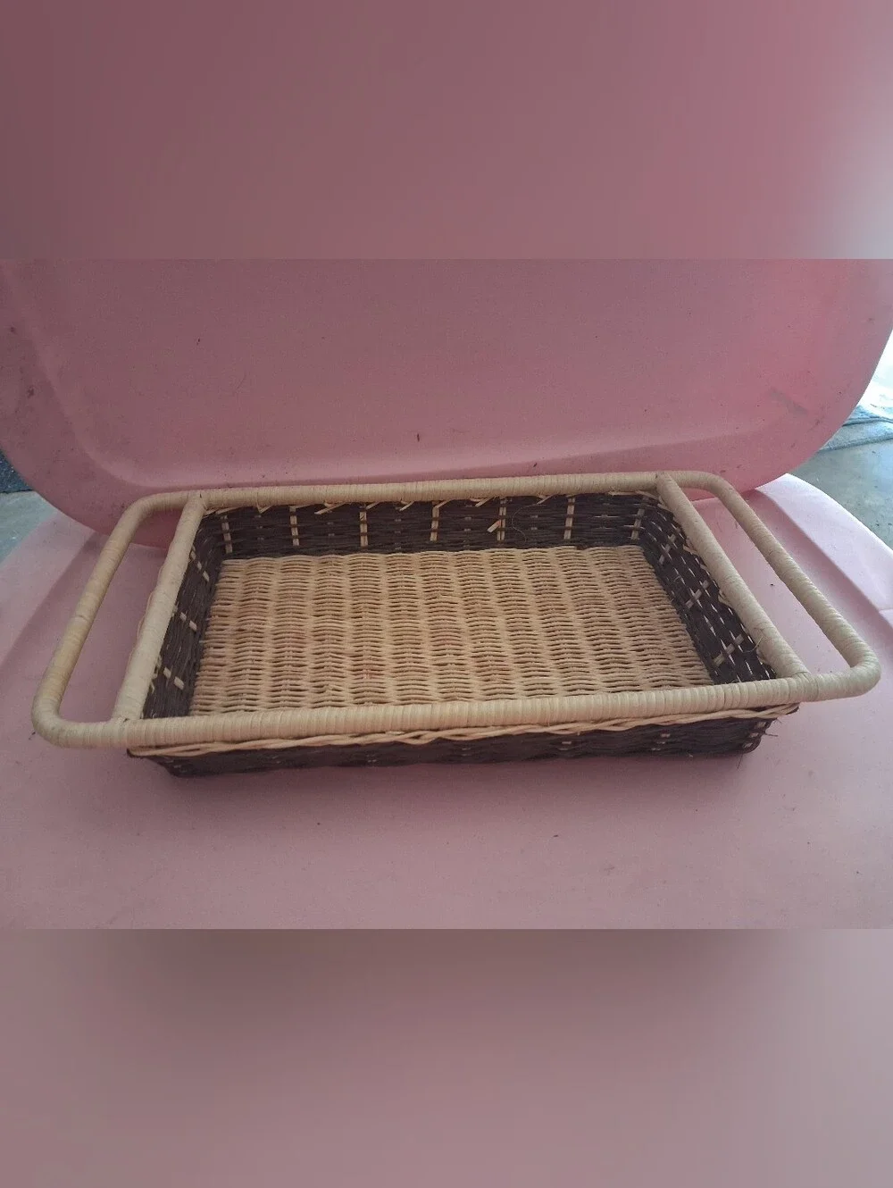 Woven Rectangular Serving Basket in Natural and Dark Brown